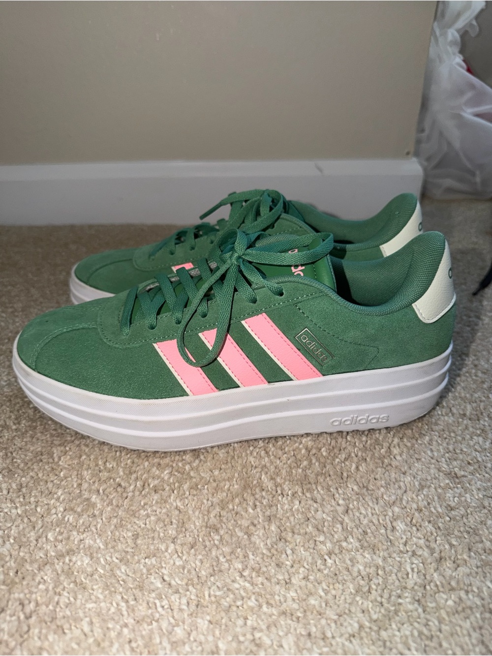 adidas Green Suede Sneakers with Pink Stripes — Women's Platform Style